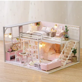 DIY play house simulering legetøj træ dukke hus simulering møbler undersøgelse soveværelse mini dukke børns legetøj fødselsdag, Jul