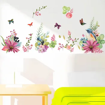 Aftagelig Farverige Blomster, Fugl Wall Stickers Romantisk Soveværelse Dekoration I Stuen Døren Mærkat Dekorative Tilbehør Til Hjemmet