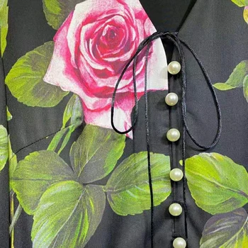 SEQINYY Vintage Midi Kjole Sommer Forår Nye Mode Design til Kvinder Banen Høj Kvalitet Rose Blomster Print Knapper Elegant