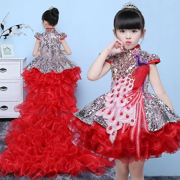 Røde påfugl design kjole til piger bryllup brudepige kjoler sceneoptræden emcee kostumer børn, prinsesse fødselsdag