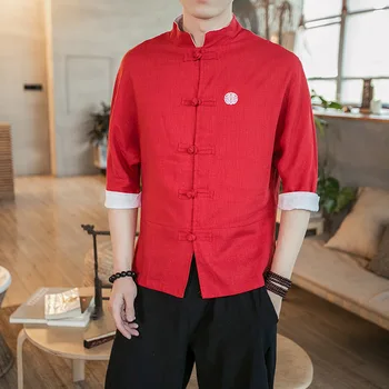 2019 Kinesisk stil shirt vind bomuld foråret efteråret broderi tang passer korte ærmer hør materiale bakke knap tøj
