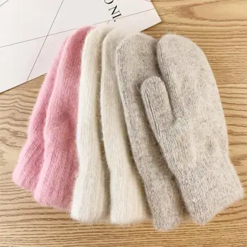 Dobbelt-lag kanin hår handsker kvindelige vinter koreanske version af ensfarvet alle fingre vinteren kvinder handsker, vanter piger