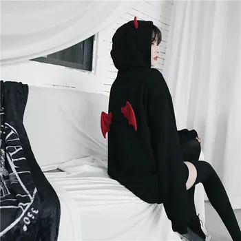 Brev Hætte Sweatshirt Trøjer Djævelen Fløj Gotiske Hættetrøjer Kvinder Overdimensionerede Streetwear Fremmed Ting Harajuku Lang Pullover