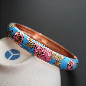 Traditionelle Pæon Blomster Kinesiske Filigran Hårdt Armbånd Cloisonne Emalje Split Armbånd Til Kvinder, Tilbehør, Mode Smykker