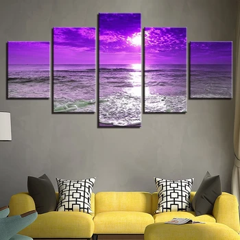 5 Stykker af boligmontering Lærred Billede Lilla Solnedgang Ocean Wave Plakat på Væggen, stuen Kunst HD Print Sea View Beach Uden Ramme