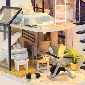 Roombox Loft Miniature Samle Legetøj 3D Handmede Træ-Mini Dukkehus Legetøj med Møbler, LED-Lys for Kids Fødselsdag Gaver