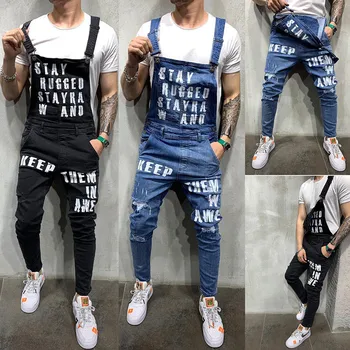 2020 Mænds Breve Udskrivning Hip Hop Jeans Slim Mænds Ripped Jeans, Jumpsuits Street Nødlidende Denim Overalls Overalls For Manden
