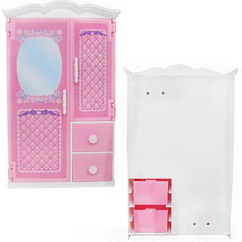 1 sæt Mini Plast Garderobe med Spejl Skuffe Pink Prinsesse Soveværelse Dukkehus Møbler, Tilbehør Skab til Barbie Dukke Toy