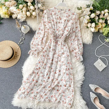 Blomster elegante Kvinder Vintage Kjole med Lange ærmer V-hals og Print Chiffon Kjoler 2020 Forår sommer Elastisk talje Lang Kjole Vestidos