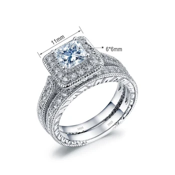 Med Certifikat 2stk Oprindelige 925 Sølv Bryllup Band Ringe Sæt Prinsesse Cut-Pladsen 1,0 ct Zirconia Diamant Ringe til Kvinder