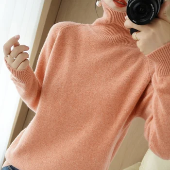 Ren Uld 2020 Nye Cashmere Sweater Kvinde, Høj Hals Solid Farve Pullover Mode Plus Size Strikket Bunden Shirt