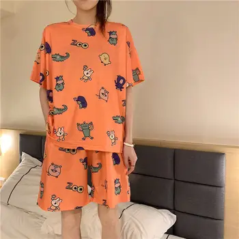 Pyjamas Sæt Kvinder Sommeren Nye Trendy Simple Koreanske Sød Trykt Løs Skolepiger Homewear Kawaii Fritid Blød Dame Nattøj