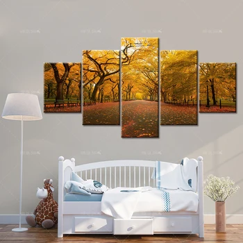 Modulære Canvas HD Print Plakat Home Decor Væg Kunst Billede 5 Stykker Skov Gul Træ Kunst, Natur, Landskab Maleri Ramme