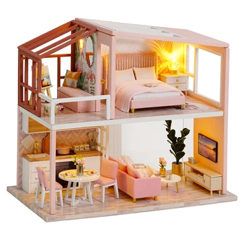 DIY Dukke Hus med møbler, Træ-dukkehuse Miniature Dukkehus Møbler Kit med LED-Legetøj til børn Julegave