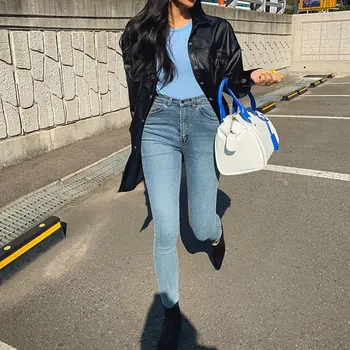 SHUJIN Kvinders Jeans med Høj Talje, Stretch Tynde Denim Bukser Efteråret Y2K Piger Blå Retro Vasket Elastisk Slim Blyant Bukser
