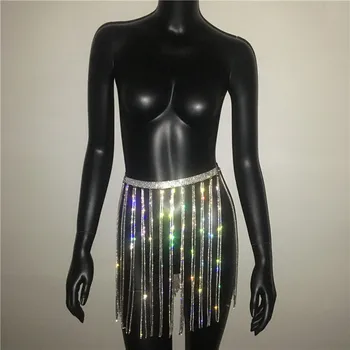 FestivalQueen sexet krystal besat kvast metal mini nederdel kvinder glitter rhinestone høj talje kæde part nederdel clubwear 2018