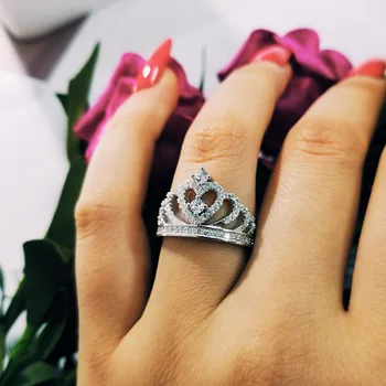 Solid Ægte 925 Sterling Sølv Ring Finger kronprinsesse Ring for Kvinder Smykker Ren Bryllup Engagement R4595S
