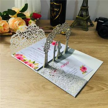 3D Pop up bryllup invitationer laser cut bryllup kort holder med kuvert Rsvp tilpasse ægteskab Sølv, Rose Guld Champange