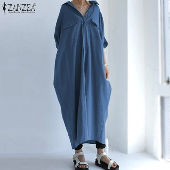 Elegant Efteråret Solid Skjorte Kjole ZANZEA 2021 Kvinders Afslappet Sundress 3/4 Ærme Maxi Vestidos Kvindelige Revers Robe Plus Størrelse 5XL 7