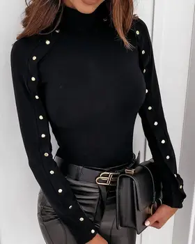 2020 Kvinder Mode Elegant Høj Hals Metal Dekoration Knappen Falder Foråret Pullover Solid Langærmet Tynde Casual Sweatshirt