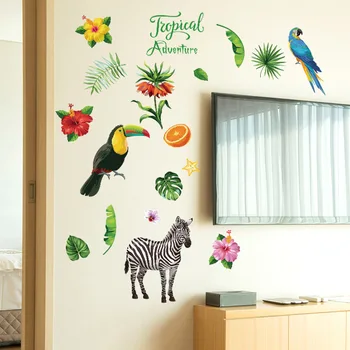 Zebra Papegøje Tropisk Plante-Dyr Wall Sticker Til Boligindretning Tegnefilm Safari Vægmaleri Kunst Diy Kids Room, Soveværelse Vægoverføringsbilleder