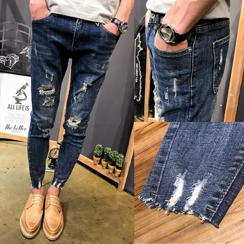 Engros 2020 teenagere Denim Bukser tigger mænd er slim-fit små fødder, flossede jeans mandlig strække sociale ånd fyr blyant bukser