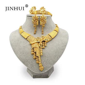 Jin Hui Afrikanske Etiopien Mode nye guld farve smykker kvinder Bryllup gave sæt-Halskæde, Øreringe, Ring og armbånd sæt Dubai gaver