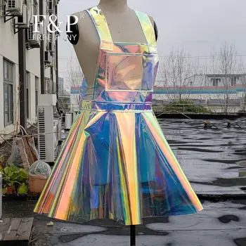 Plus Size Tøj, 11 farver Rainbow Holografiske PVC Samlede Kjoler Kvinder Rave Tøj, Udstyr Skater Dress Circle