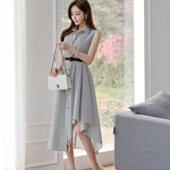 Nye ankomst mode koreansk stil party dress kvinder elegant sommer sexet temperament stribet frisk asymmetrisk lang kjole