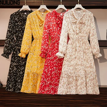 NIJIUDING Kvinder Vintage Chiffon Kjole 2020 Efterår Forår Kvindelige Vestido Langærmet Trykt Blomstret Elastisk Talje Casual Kjoler