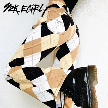 Y2K EGIRL Vintage Argyle Plaid Udskrivning med Høj Talje Bukser 90'erne Streetwear Sy Lige Lange Khaki Bukser Casual Slanke Bukser