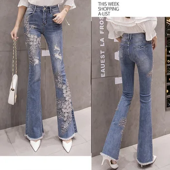 2020 Foråret Fishtail Bukser Patchwork Blomster Jeans Kvinder Med Høj Talje Mode Slidte Bukser Hul Broderi Perler Flare Pants
