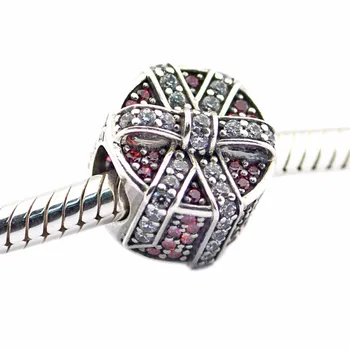 Røde og Klare CZ Flimrende Gave Krystal Perler Charms til Armbånd Kvinder Sølv 925 Smykker Bue Box Type Perler til smykkefremstilling