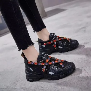 2019 Nye Brand Kvinder Sneakers Winter Fashion Crystal Plat Platform Lace-Up Rund Tå Behagelig Afslappet Loafers E151