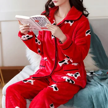 2020 Vinter Pyjamas Sæt Kvinder Nattøj Varmt Flannel Lange Ærmer Pyjamas Søde Trykt Homewear Xmas Tykkere 2stk Passer Pijamas