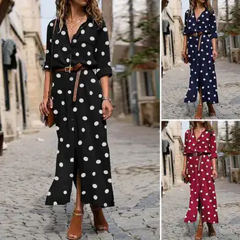 ZANZEA Kvinder Lang Maxi Kjole Boheme Vestidos 2021 Mode-Polka Dot Trykt Revers Knapper Sundress Party Kjoler Plus Size 5XL