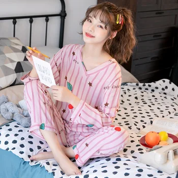 Kvinders Pyjamas Bomuld, Silke langærmede Bukser Hætte, der Passer Stribet Udskrivning Tynd Sektion Rayon Home Service Pyjama Sexet Femme