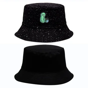 Dobbelt-Side Funny Hat Fremmede Spand Hatte Til Kvinder, Mænd Fiskeri Hat, Solcreme fiskeren hat Broderi Spand Hatte gorro pescador