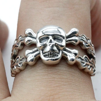 925 Sterling Sølv Dobbelt Ben Skull Ring med Blad på Side Gotisk Punk Cool Stil Ring til Mænd, Kvinder Biker Hiphop Rock Smykker
