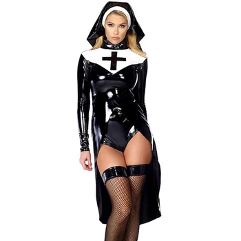 2016 Ny Stil Nonne Kostume Sexy Women ' s Saintlike Forførerske Halloween Kostume Med Vinyl Top, Trusse og Hat