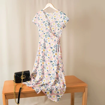 SuyaDream Kvinde Blomstret Silke Kjole I Silke Print V-hals, Vinger Wrap Strand Kjole 2020 Sommeren Midi Kjoler Vestidos Ny