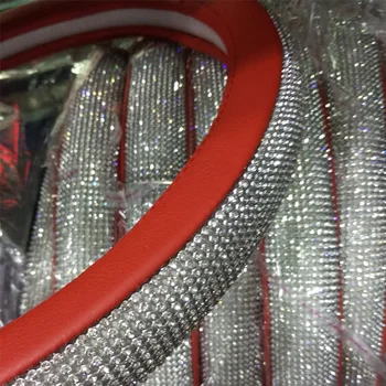 Fashion Diamond Læder Rattet Dække Krystal Rhinestone Universal 38cm Røde Bil Styling til Piger, Kvinder, Tilbehør
