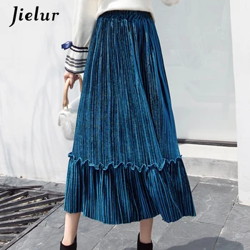 Jielur 2020 Smarte Patchwork Velvet Midi-Nederdel Kvinder Efterår Mode Høj Talje Plisserede Nederdele 7 Farver Elegant Vintage Saia Kvindelige