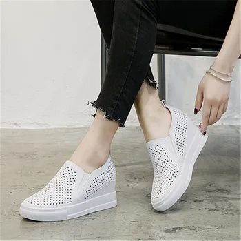 Yiluan 2019 foråret efteråret ny Ægte Læder kvinder casual Pumper sko øget hvide platform sko wedges fod Loafers