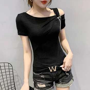 Sommeren koreansk Tøj, T-shirt-Sexet Mode Off Skulder Kvast Kvinder Toppe Ropa Mujer Bomuld kortærmet t-Shirts 2020 Nye T04602