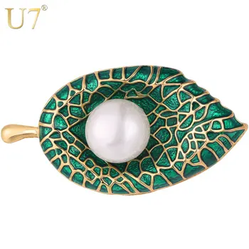 U7 Dråber på Blad Brocher For Kvinder Kostume Smykker Part Syntetisk White Pearl Grøn Broche Revers Pin B12