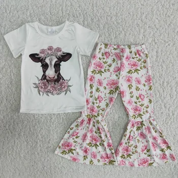 Pink Blomst Køer Print Korte Ærmer Tøj Baby Piger Peach Blossom Klokker Bukser Med Print Børn Spring Boutique-Engros Tøj