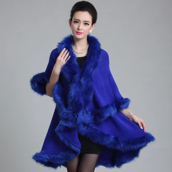 Kvinders Pels Kappe Sjal Vinter Varm Store Størrelse Dobbelt Lag Cardigan Efterligning Fox Fur Coat Kvinder Outwear Kappe Poncho