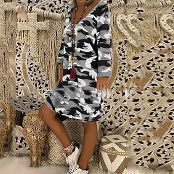 Jaycosin Sommeren Dres Kvinder langærmede Camouflage Print med V-Hals Hætteklædte Kjoler Kvinde Boho Kjole 2020 vestidos Dropshipping