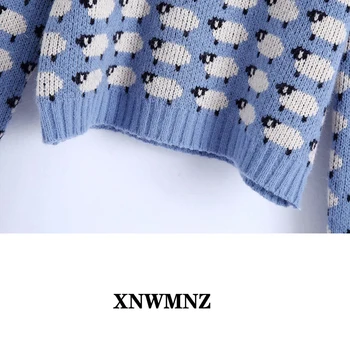 XNWMNZ Za girls Fashion jacquard strik sweater Kvindelige Rund hals sweater med lange ærmer og ribbede trim kvinder smarte top